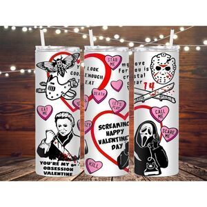 Valentines day horror 20 fl oz metal skinny tumbler, scary movie tumbler